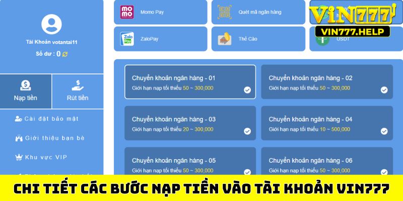 Chi tiết các bước nạp tiền vào tài khoản Vin777