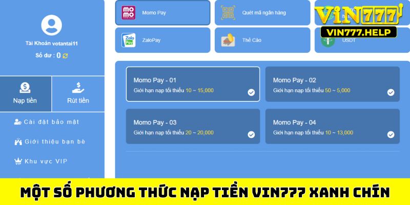 Một số phương thức nạp tiền Vin777 xanh chín